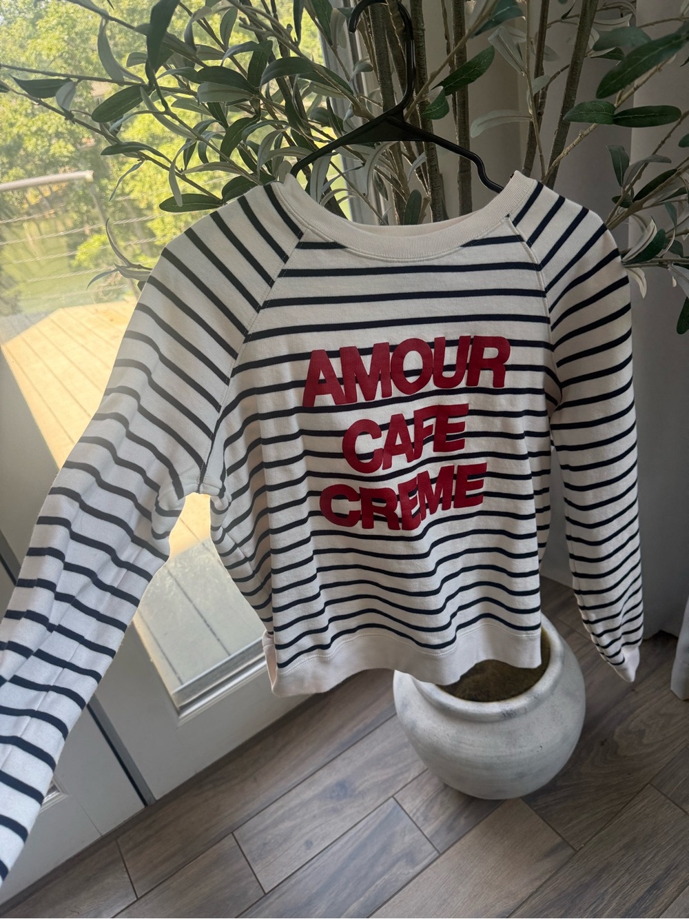Sezane White and Navy Striped Sweatshirt with Red 'AMOUR CAFE CREME' Text, small